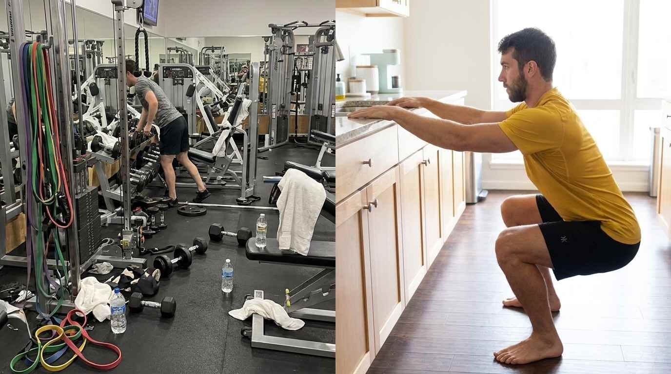 A family having fun navigating an indoor obstacle course made of cushions and boxes in their living room.