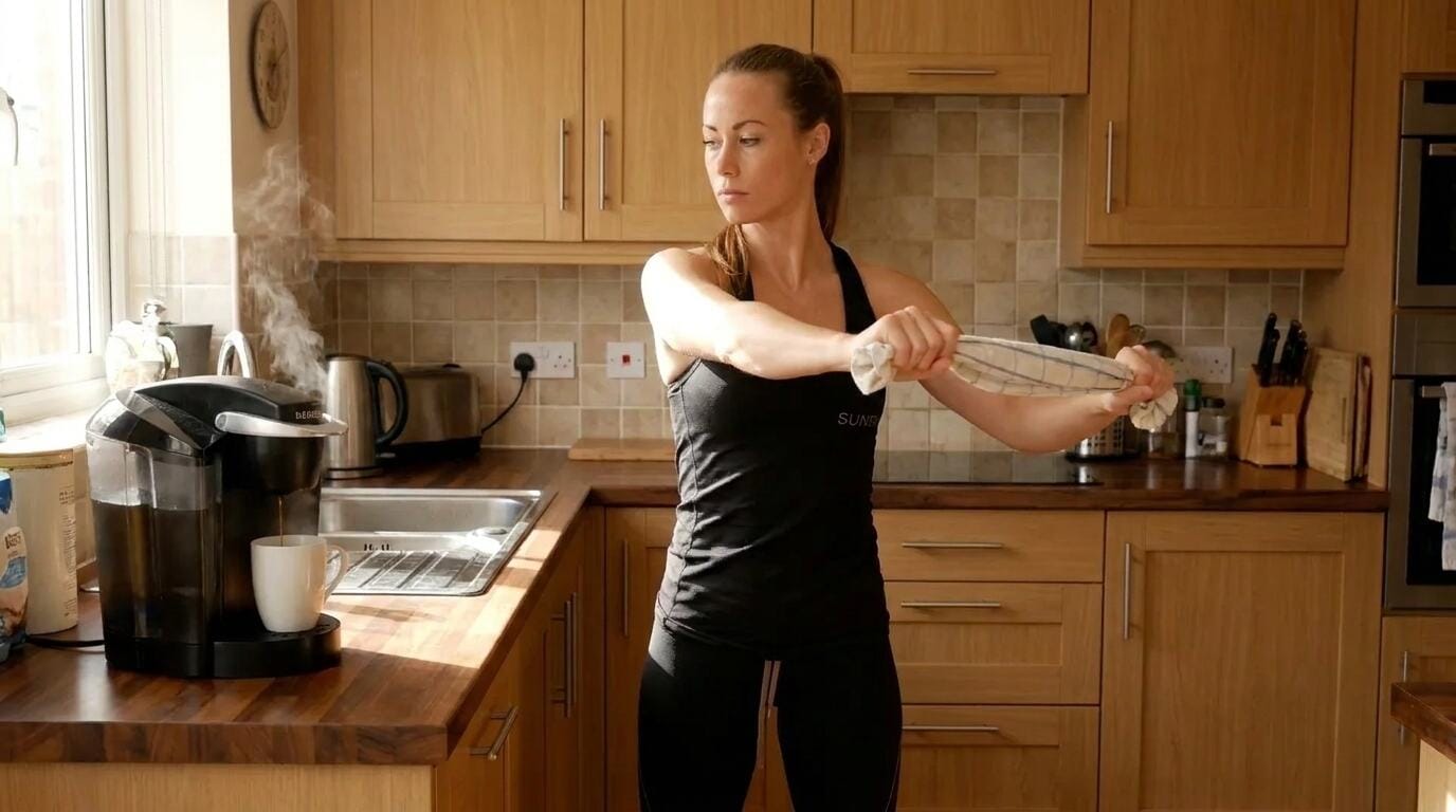 A person doing a towel trunk twist with a dish cloth