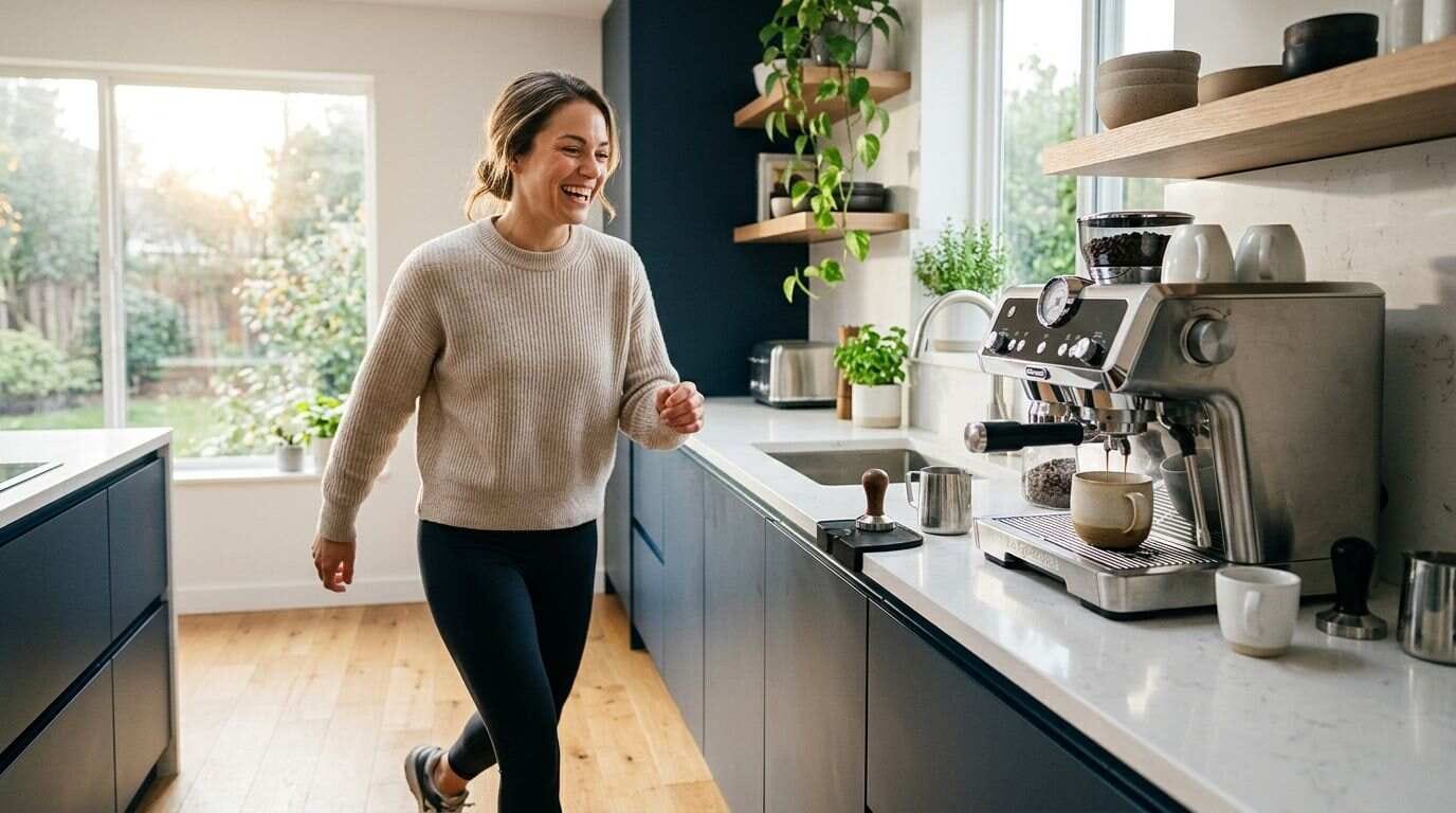 A person feeling energized while walking to the kitchen coffee maker in the morning.