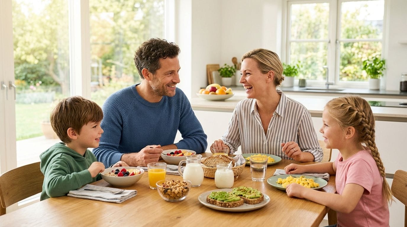A family enjoying a calm and healthy breakfast together before starting the day.