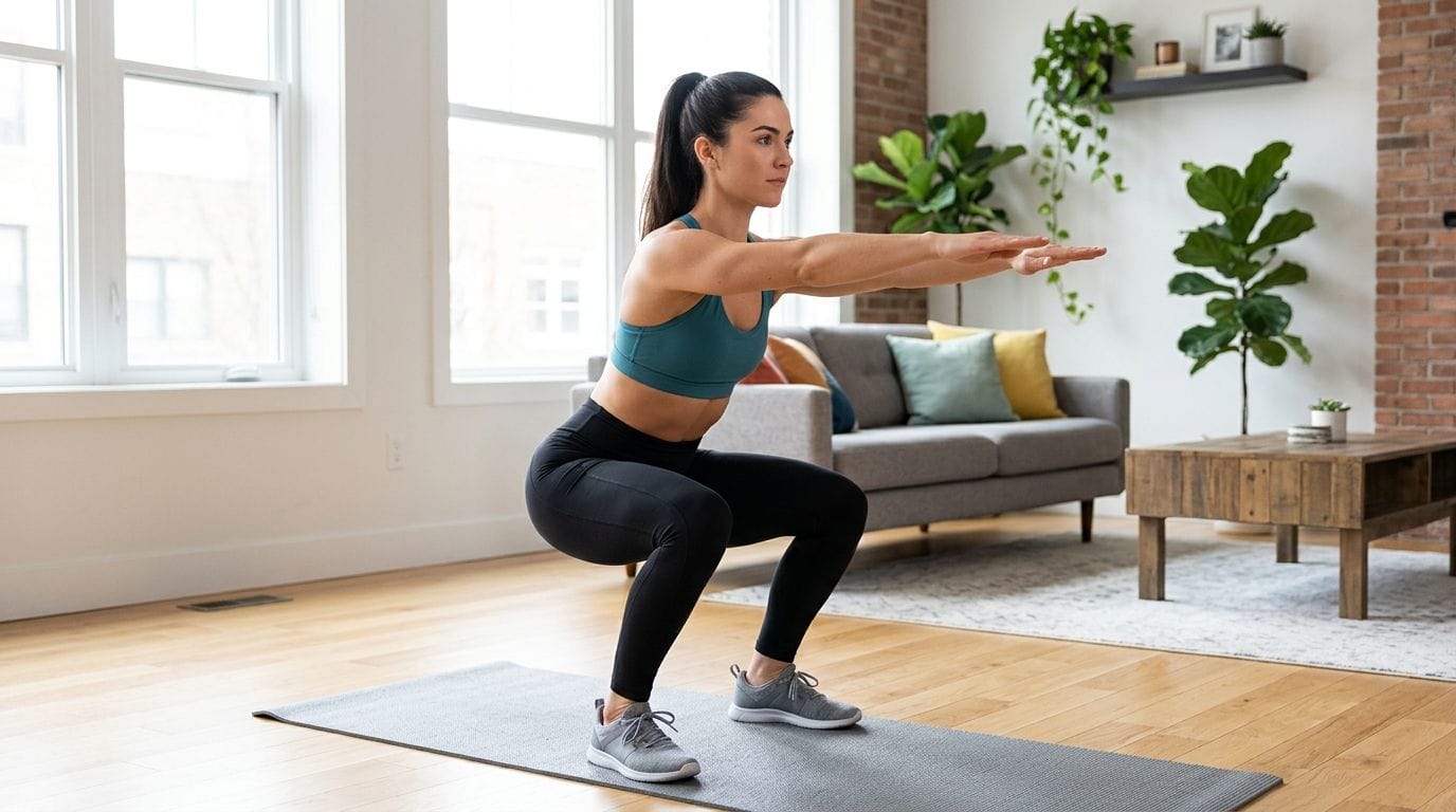 A person performing a bodyweight squat with perfect form in their living room.