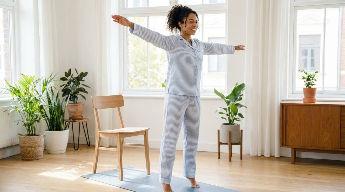 A woman in her pajamas doing arm circles and heel raises