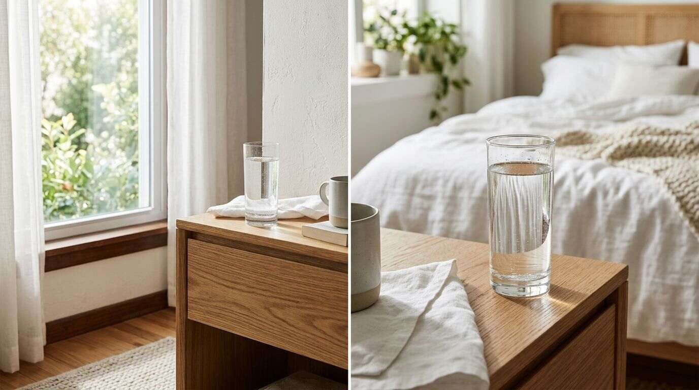 A glass of water sitting on a lampstand in the bedroom