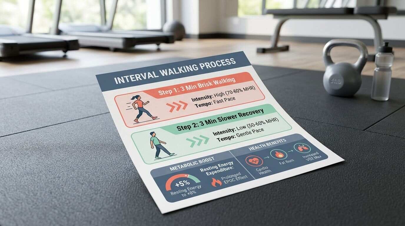 Infographic showing the steps for interval walking and the resulting energy expenditure increase