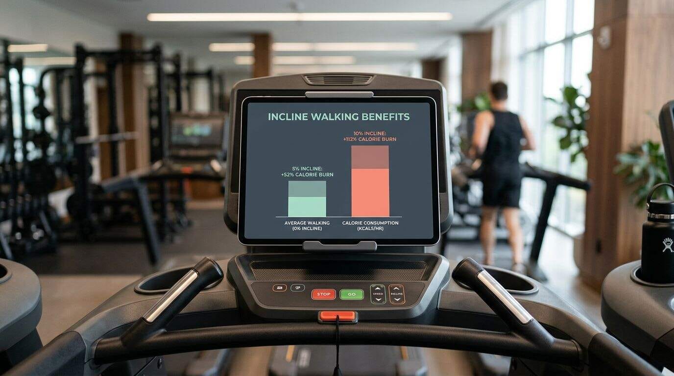 Digital screen showing how walking on an incline increases calorie burn