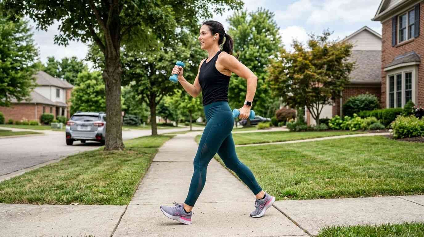 A person walking outdoors while carrying light hand weights