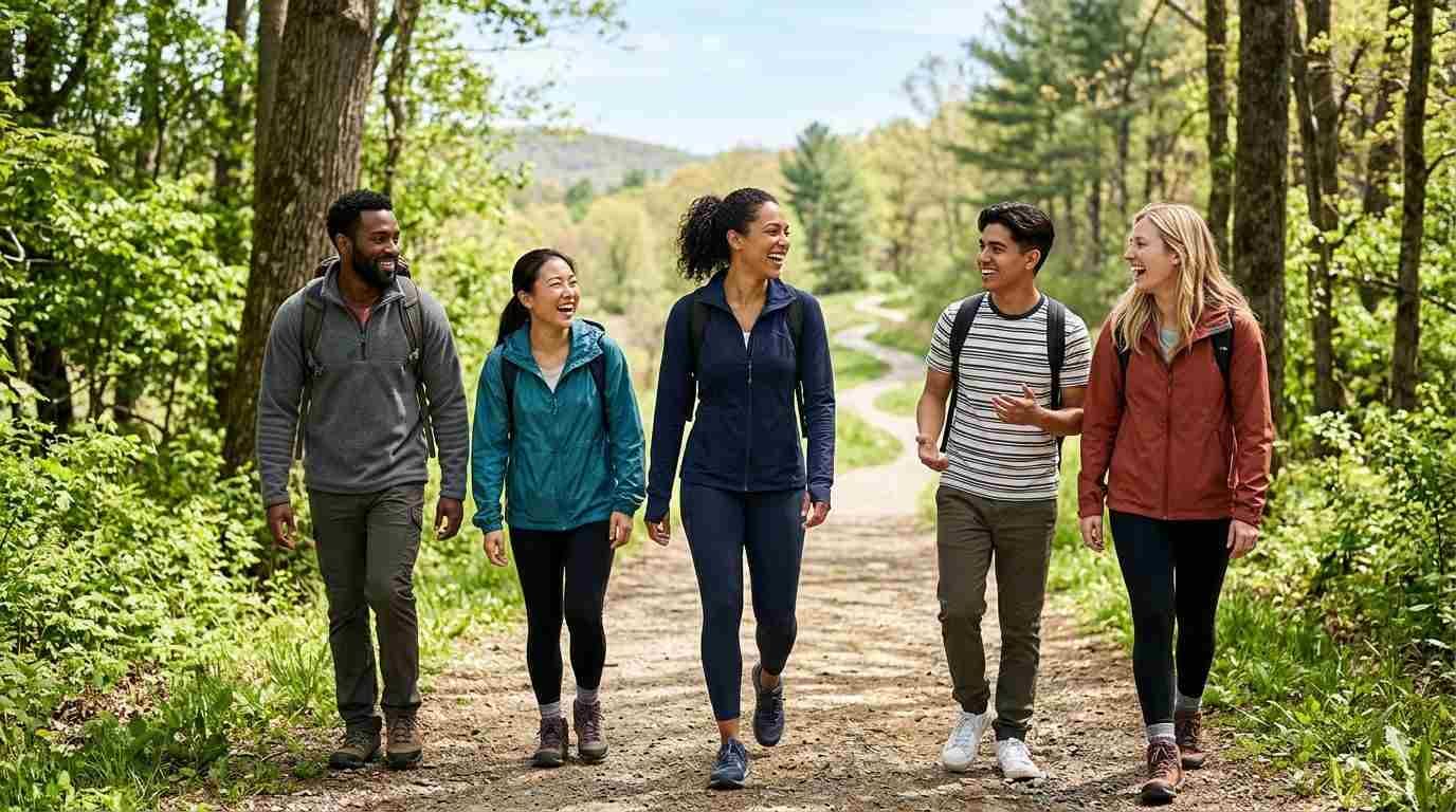 A diverse group of friends smiling and walking together outdoors
