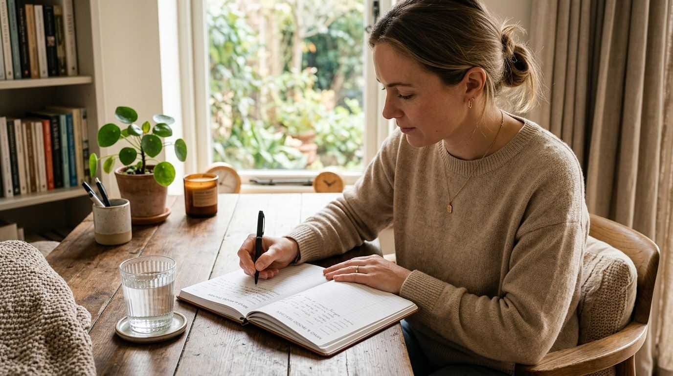 A person thoughtfully writing in a journal while drinking a glass of water to manage stress.