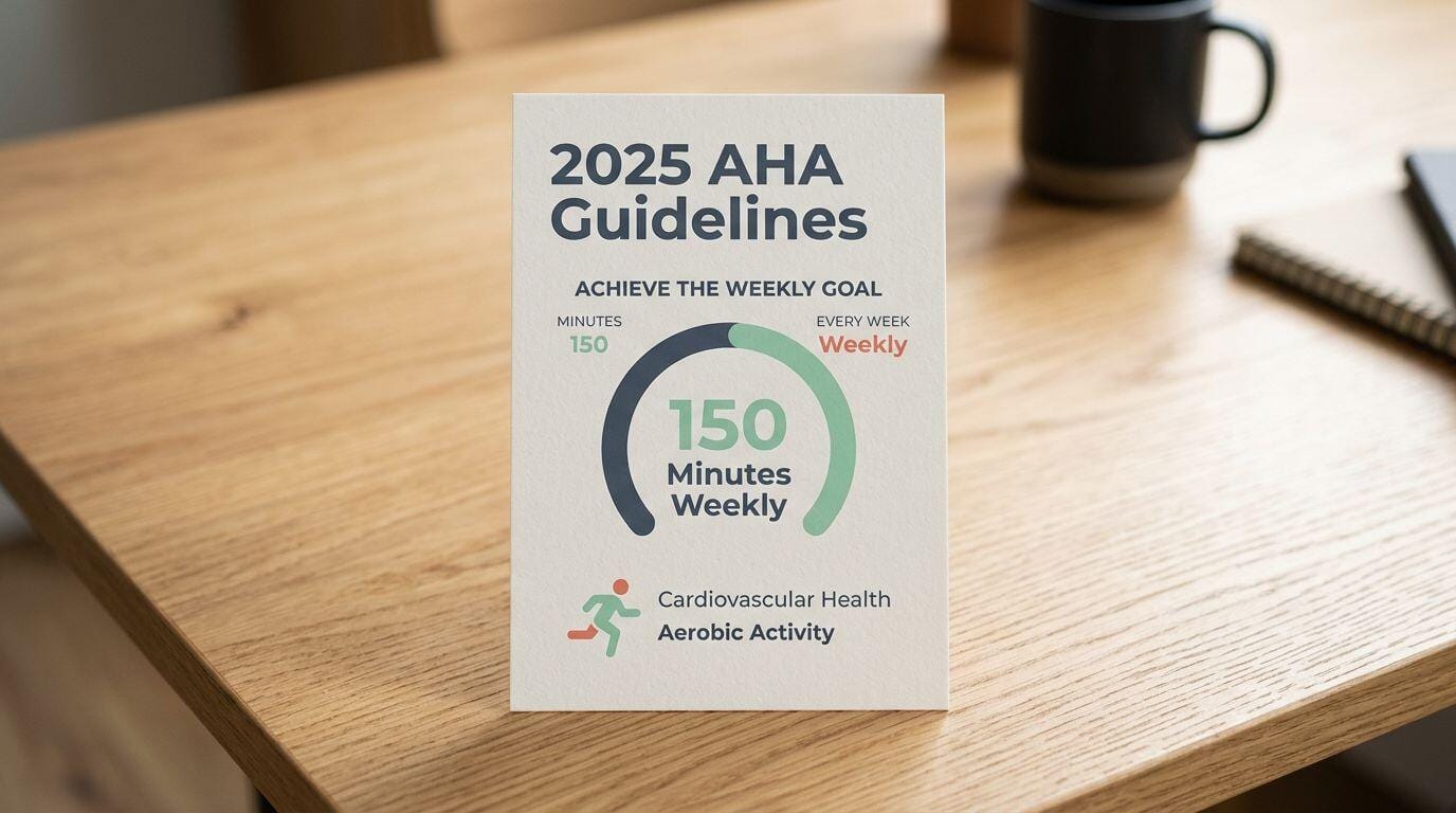 A printed card displaying the 2025 American Heart Association guidelines of 150 minutes weekly