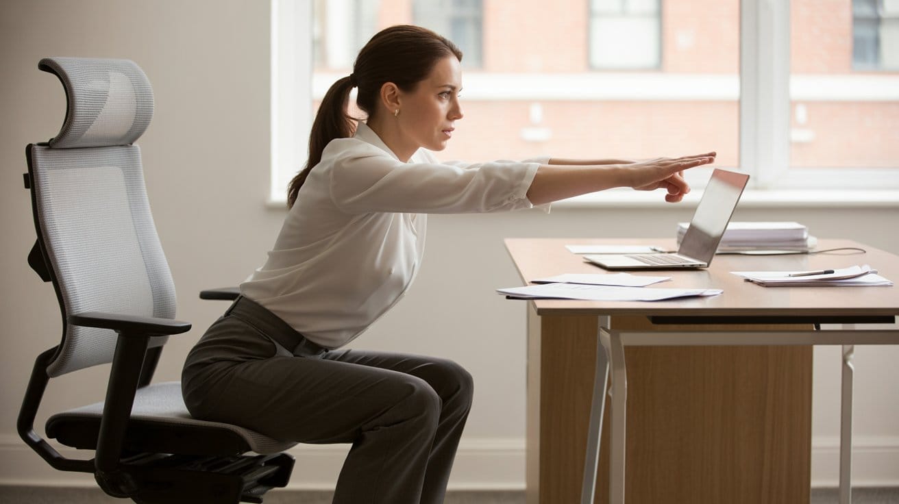 A professional performing a chair squat at their office desk