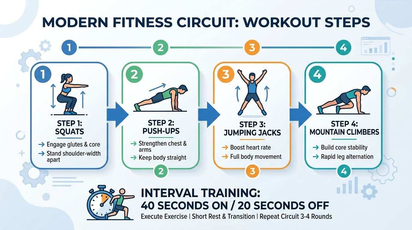 Infographic illustrating a 4-step bodyweight HIIT circuit including squats and push-ups
