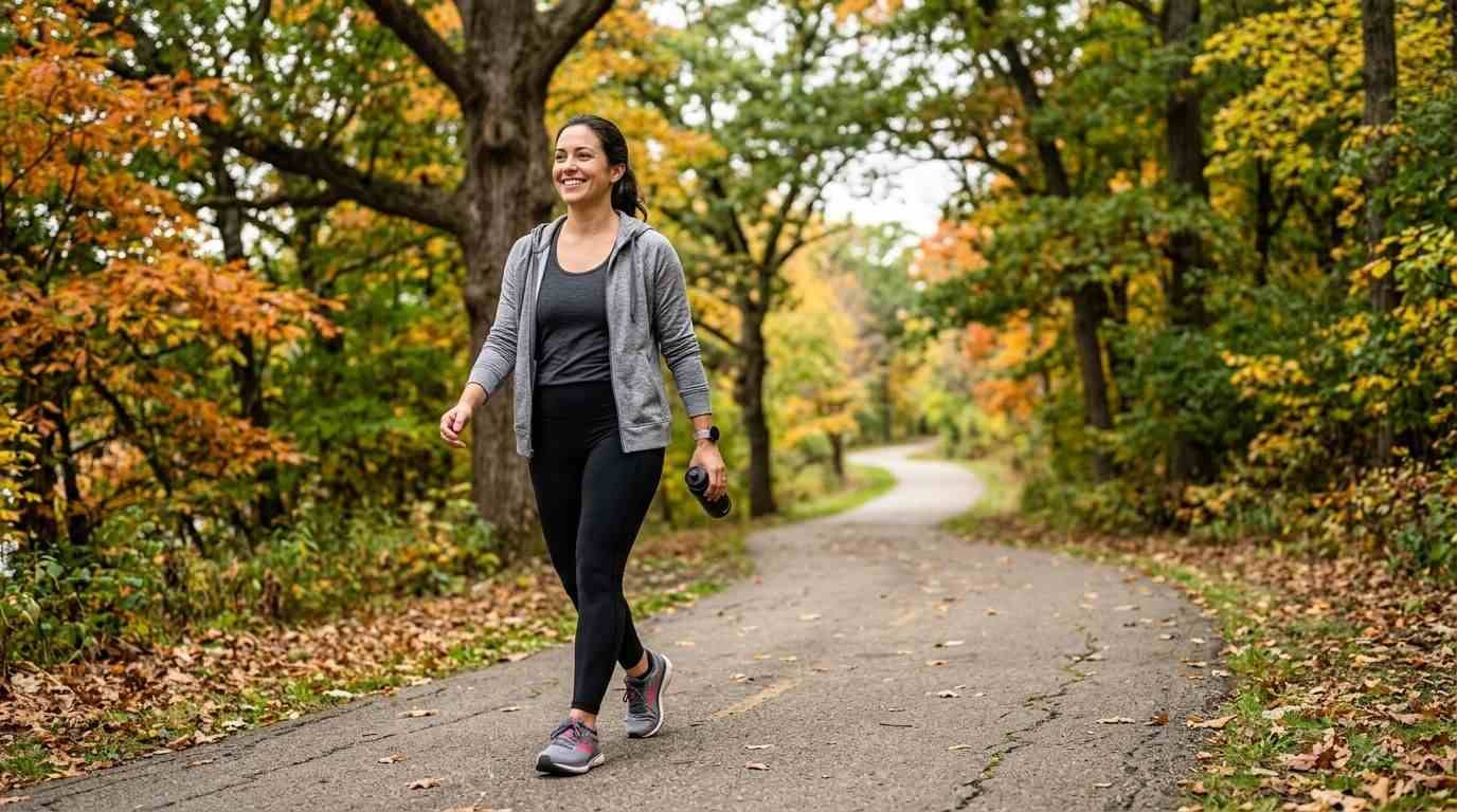 A person walking comfortably on a scenic park path