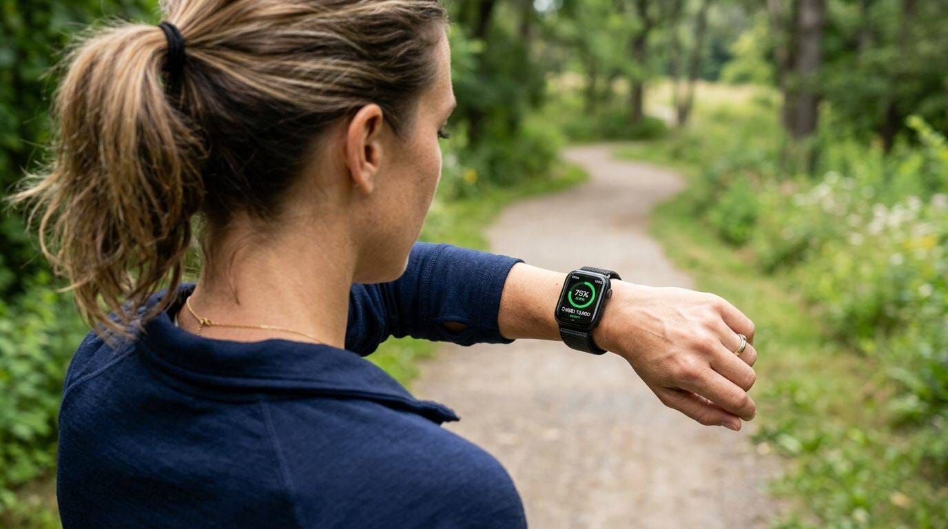 A person checking their daily step count on a smartwatch outdoors.