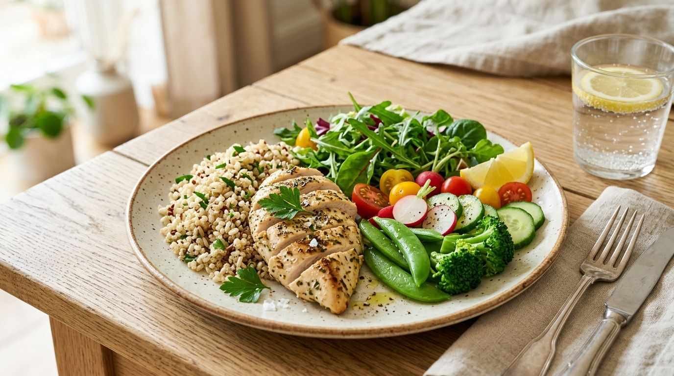 A nutritious meal featuring vegetables, whole grains, and lean protein