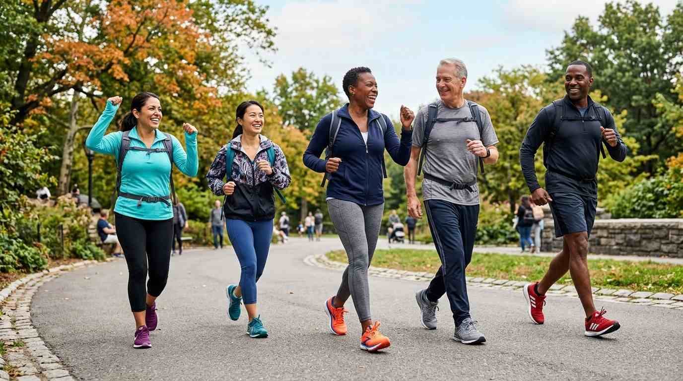 A diverse group of neighbors walking briskly together on a flat route.