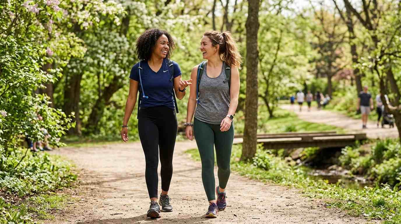Two friends happily walking together outdoors in a park.