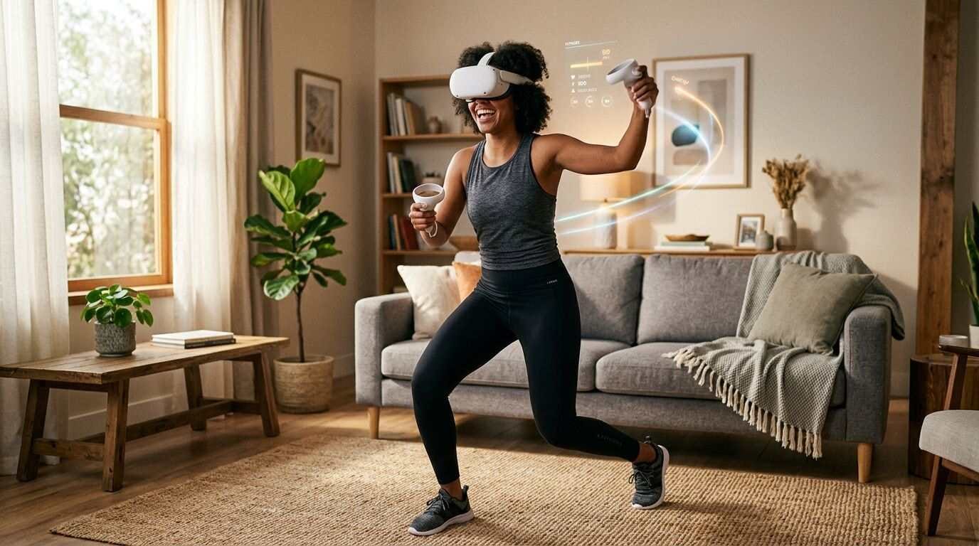 A person having fun playing an active virtual reality fitness game in their living room.