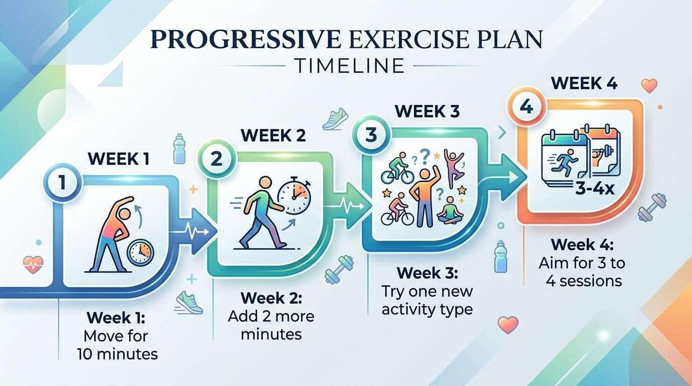 An infographic timeline showing a progressive four-week exercise plan starting with 10 minutes a day.