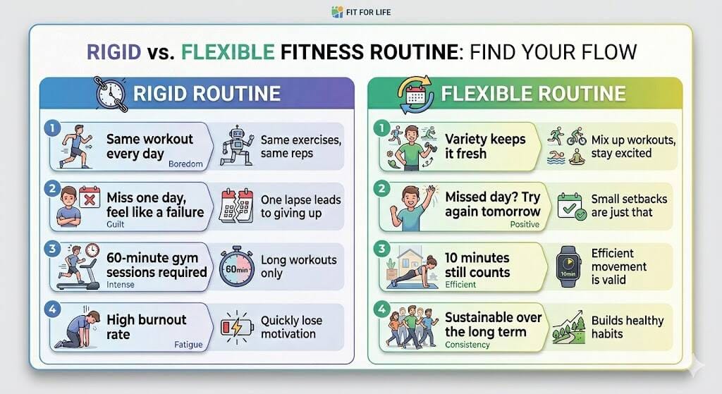 A comparison table showing the differences between a rigid fitness routine and a flexible one.