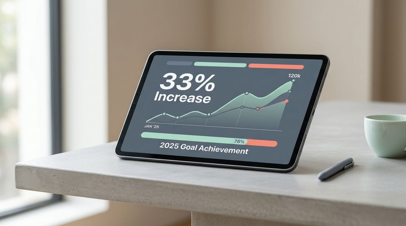 A digital tablet displaying data about a 33 percent increase in goal achievement.