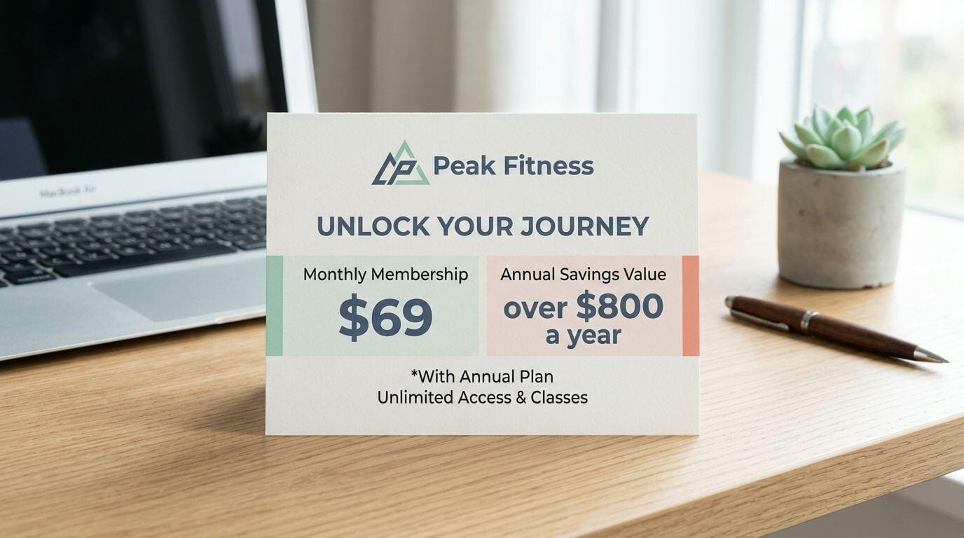 A pristine printed card displaying the high cost of a gym membership compared to a home setup.