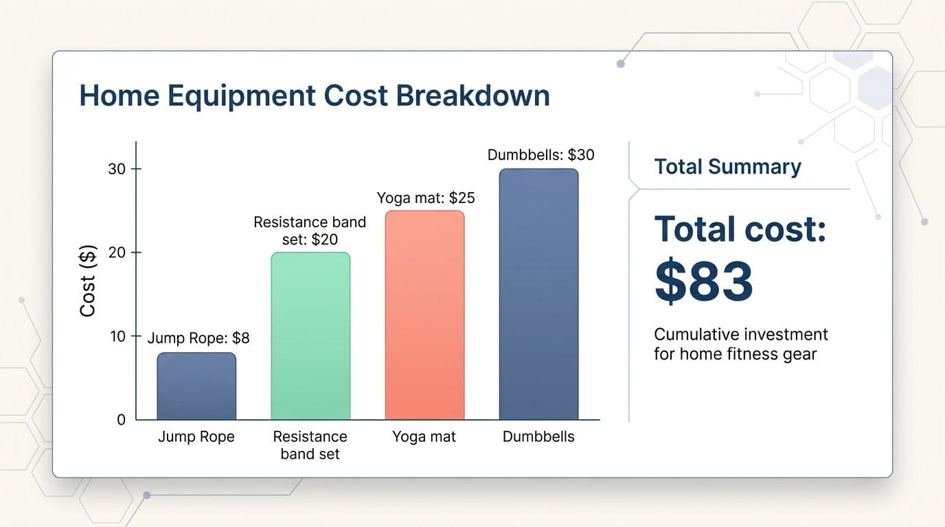 A bar chart showing the breakdown of a one-time $83 cost for minimal home gym equipment.
