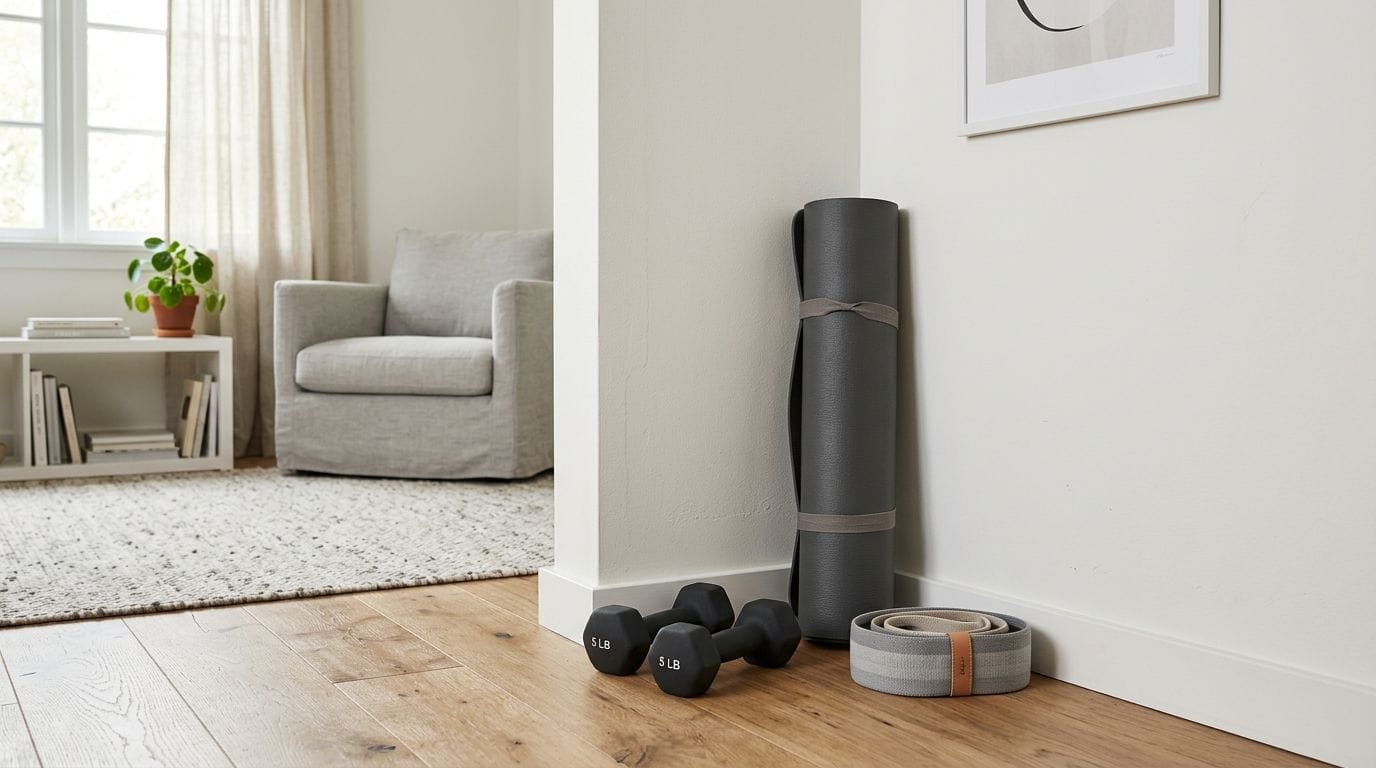 A neat arrangement of minimal home workout equipment in the corner of a room.