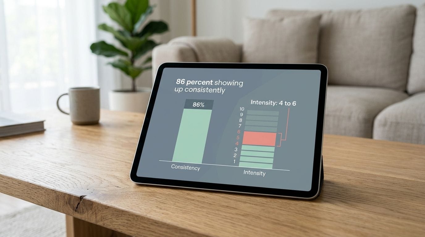 An iPad screen displaying statistics on beginner workout consistency and intensity.