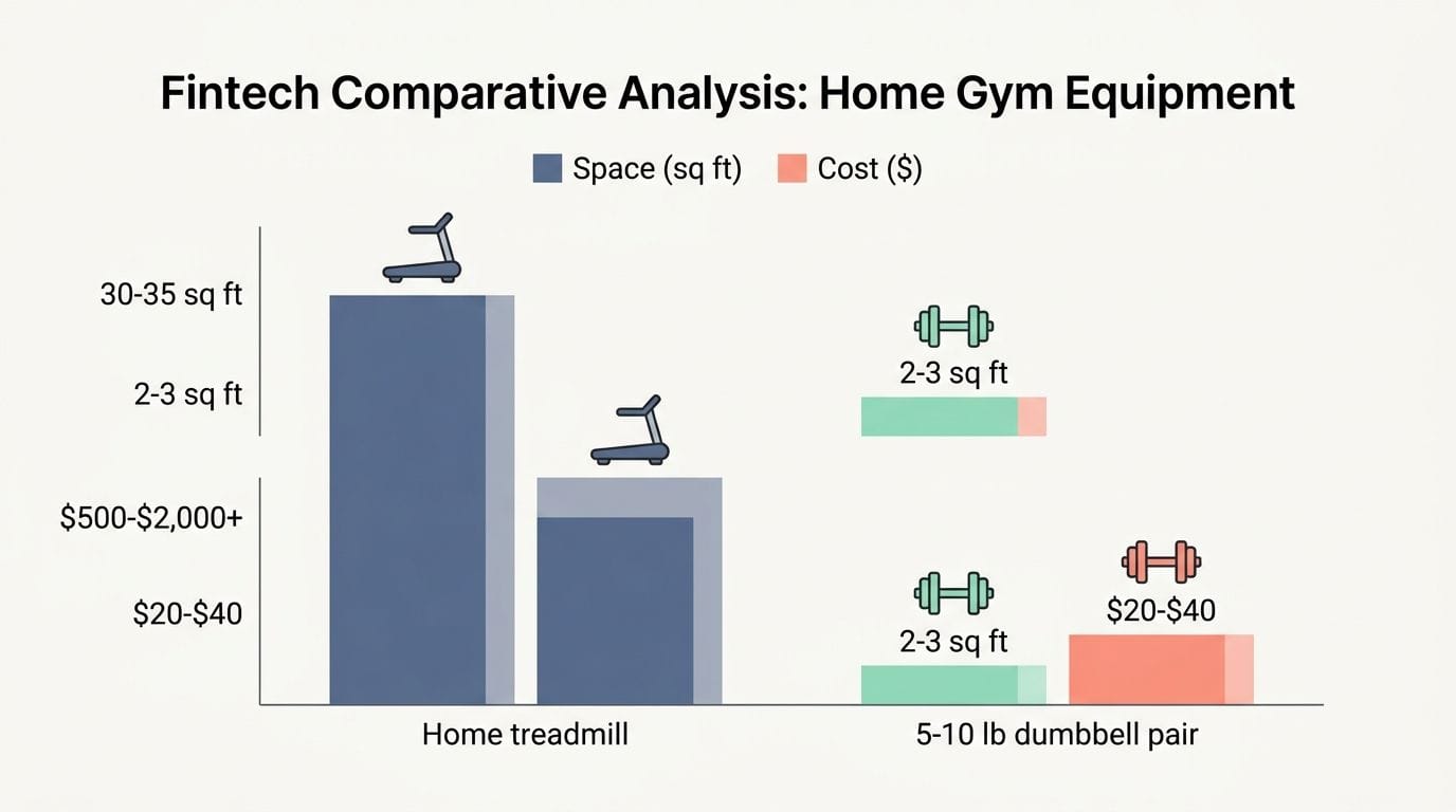 A chart comparing the space and cost of a home treadmill versus a pair of dumbbells.