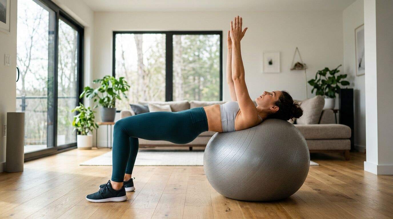 A person performing a core exercise on a stability ball at home.