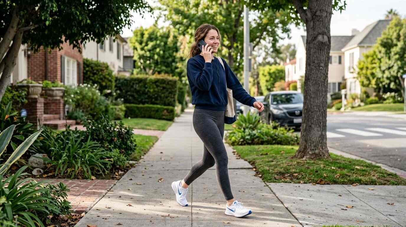 A person walking outdoors while taking a phone call.