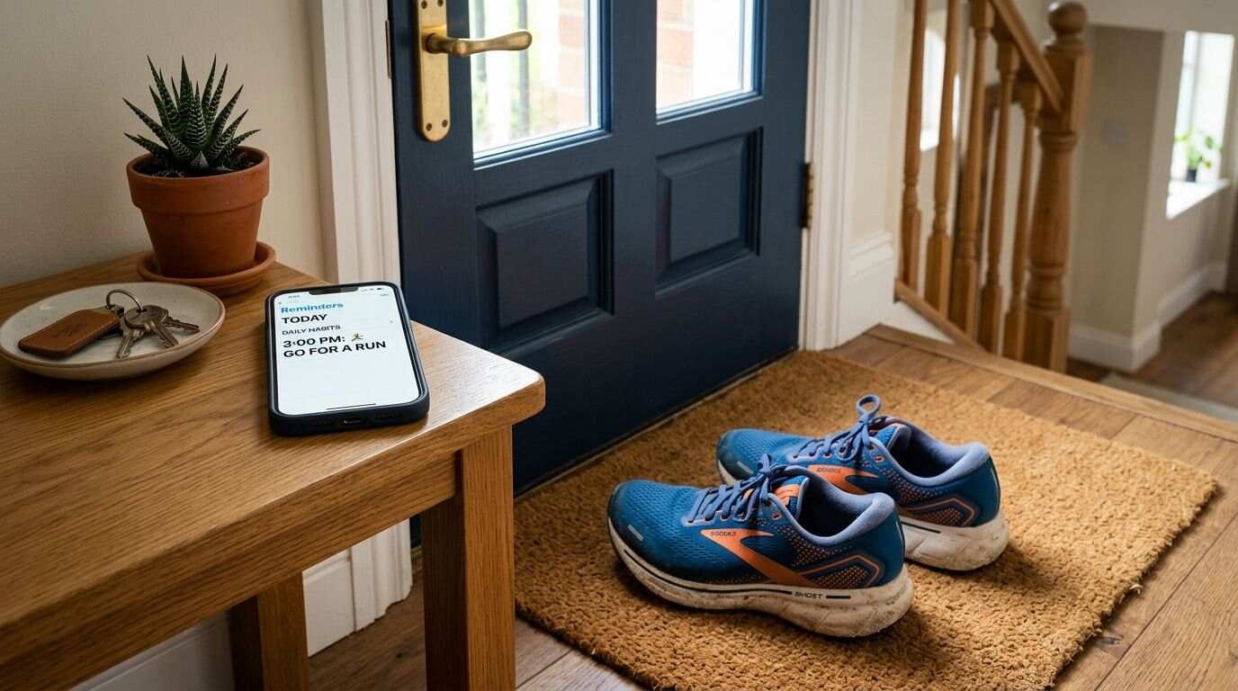 Running shoes placed by a door next to a smartphone showing a 3 p.m. reminder.