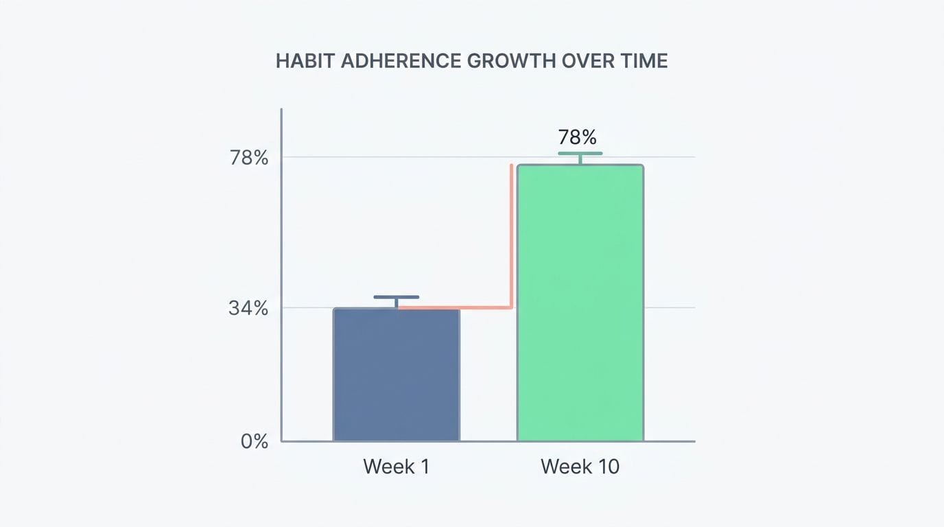 A bar chart showing habit adherence growth from week one to week ten.