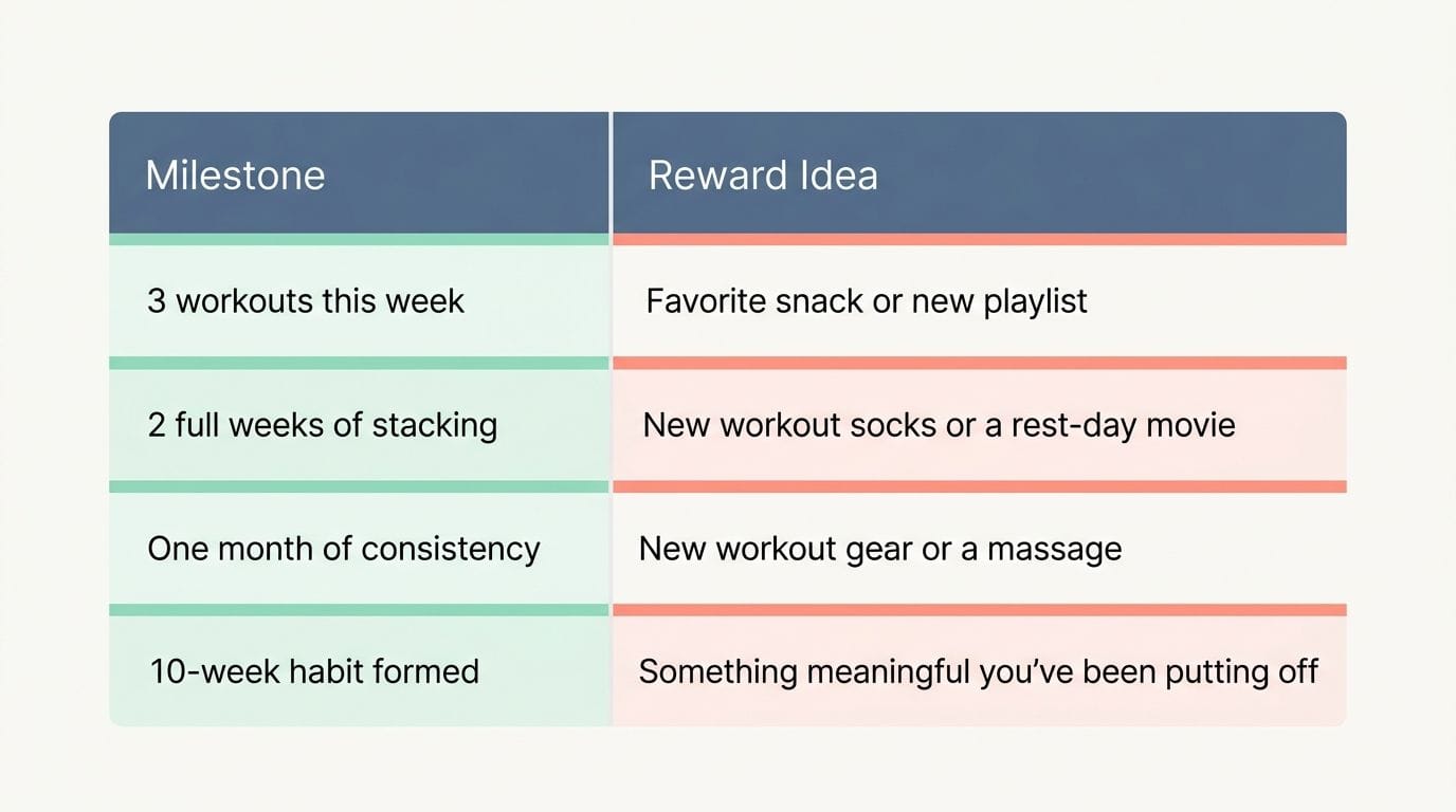 A clean digital table mapping fitness milestones to reward ideas.