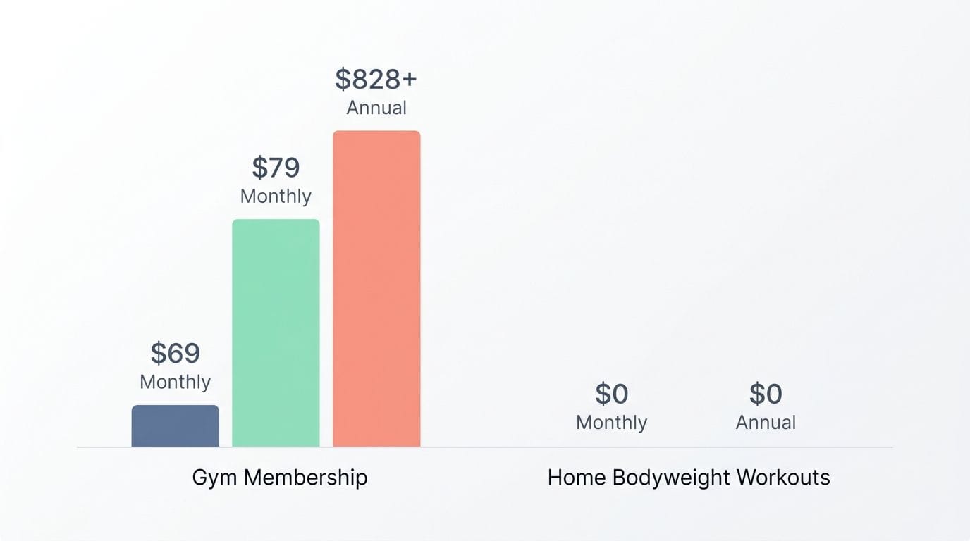 Bar chart comparing the $828 annual cost of a gym membership to the $0 cost of home bodyweight workouts