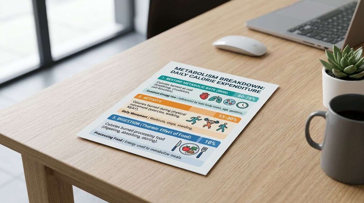 Infographic card showing the three main parts of energy expenditure: resting metabolic rate, activity, and digestion
