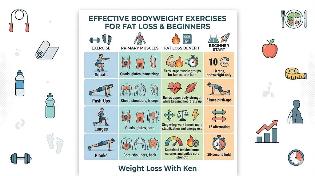 A digital table listing effective bodyweight moves including squats, push-ups, lunges, and planks with their starting reps.