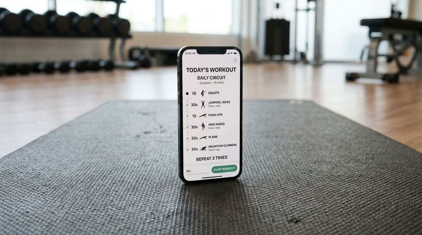 A smartphone screen displaying a step-by-step beginner circuit combining strength and cardio moves