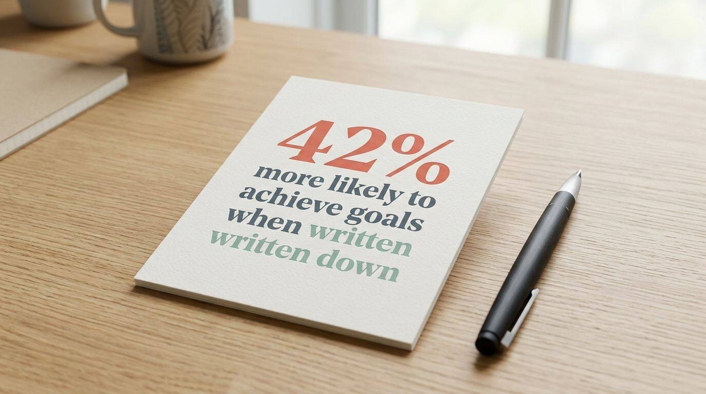 A printed card on a desk stating that people are 42% more likely to achieve goals when they write them down