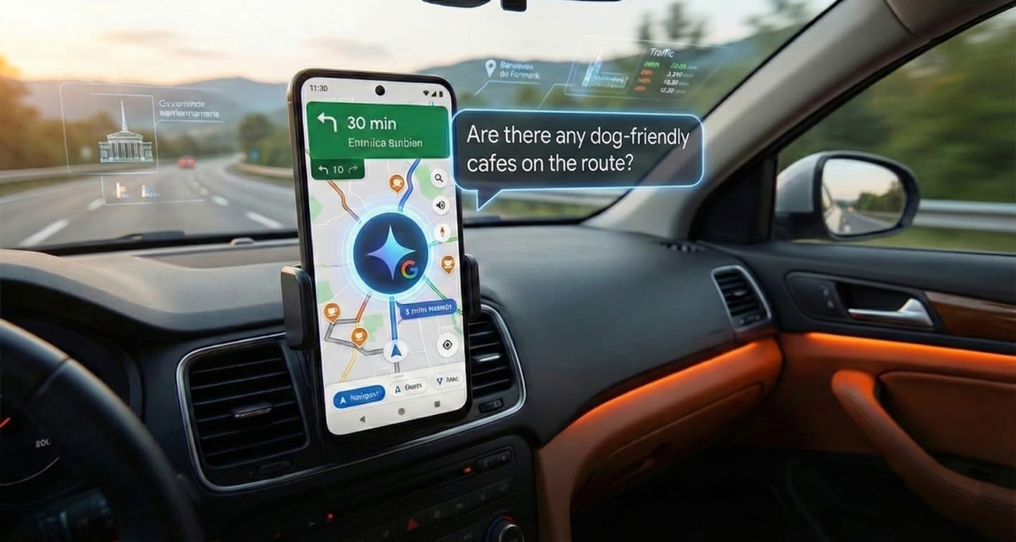 Modern car interior showing Google Maps with the Gemini AI interface active on the screen