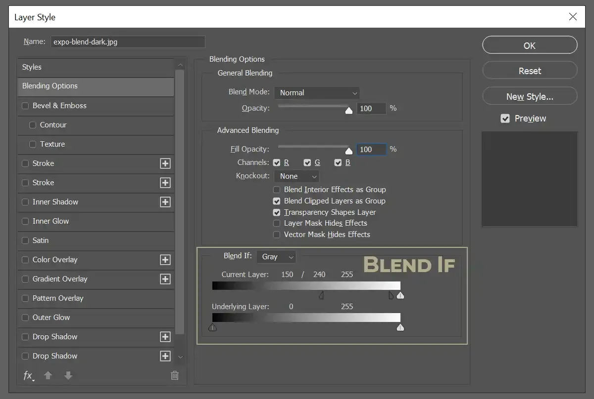 Photoshop interface showing layers, masks, and the Blend If dialog box