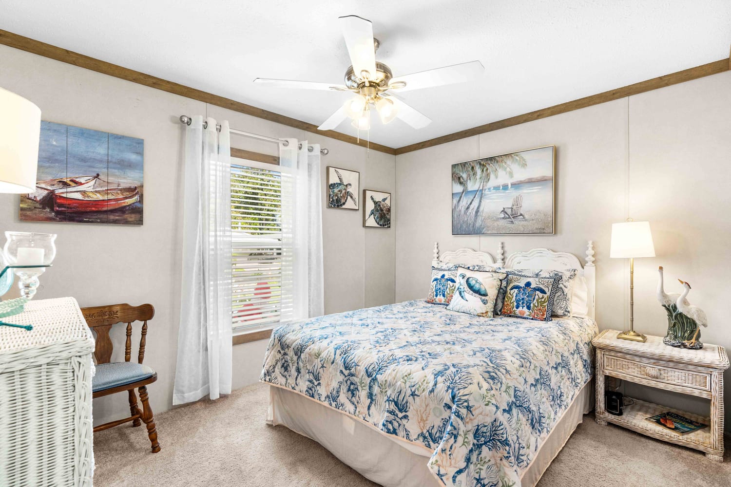 Professional real estate photo of a spacious master suite with natural light and neutral staging