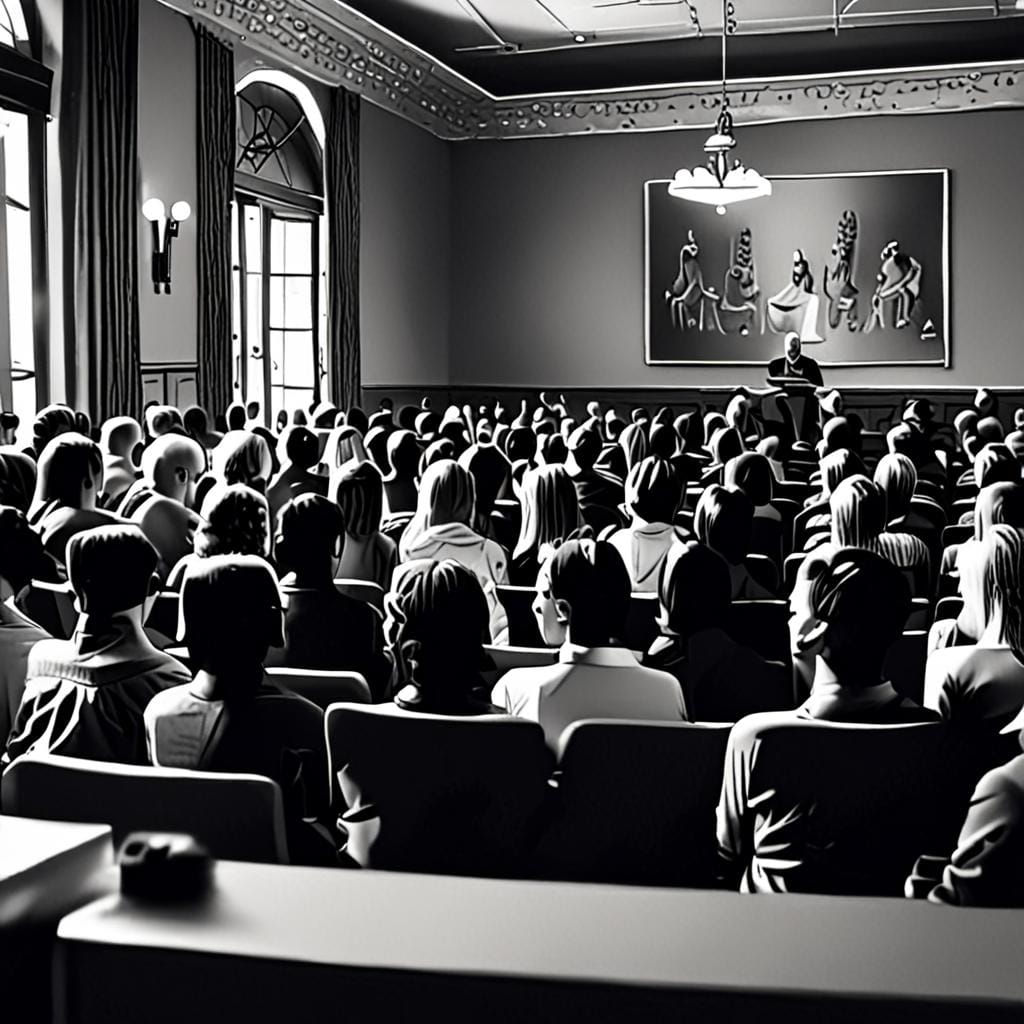 intimate philosophy talk audience monochrome