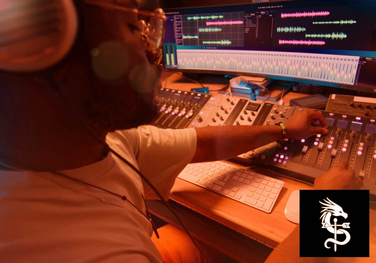A music producer in headphones working on music production software in a home studio.