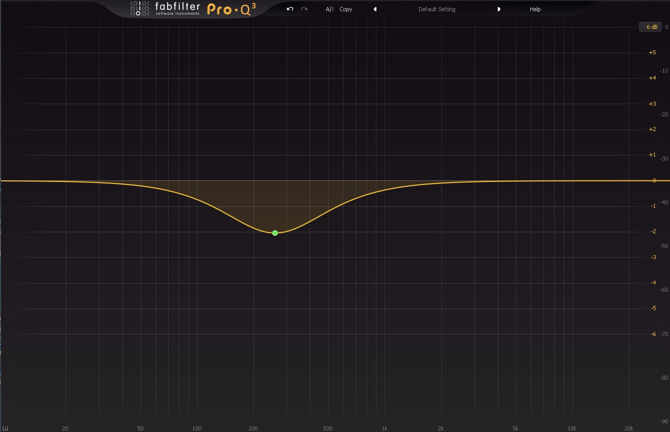 EQ display showing a bell‑shaped cut in the low‑mid ‘mud’ region. This visual demonstrates how removing problem frequencies helps clean up a mix and create clarity.