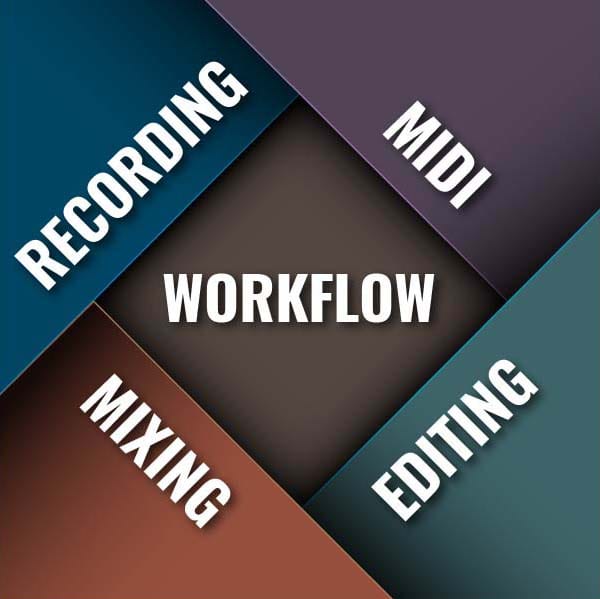 Five core music‑production skills represented as icons: recording, editing, MIDI, mixing, and workflow.