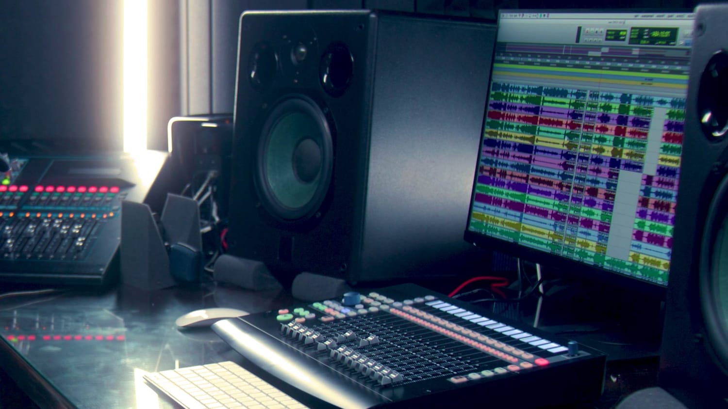 A professional studio setup with a DAW session on a large monitor and a mixing console below it, illustrating the full environment where mixing decisions happen.