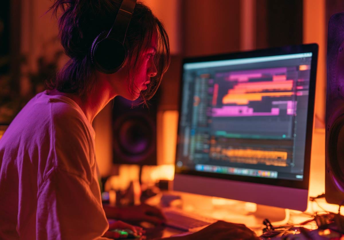 A female music producer wearing studio headphones, looking at a desktop monitor displaying a colorful multi-track DAW session timeline under moody purple and orange neon lighting.