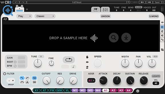Screenshot of a sampler plugin interface showing knobs, keys, and sound controls.
