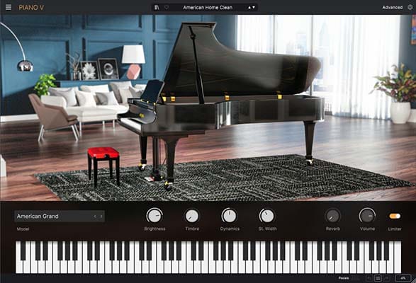 Screenshot of a piano virtual instrument plugin interface showing knobs, keys, and sound controls.